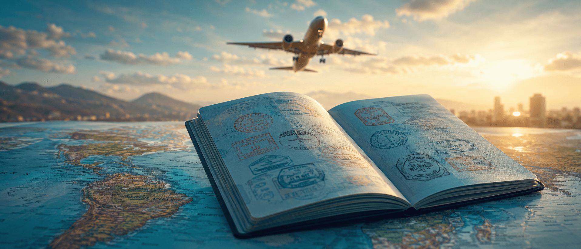 Passport with visa stamps and global map