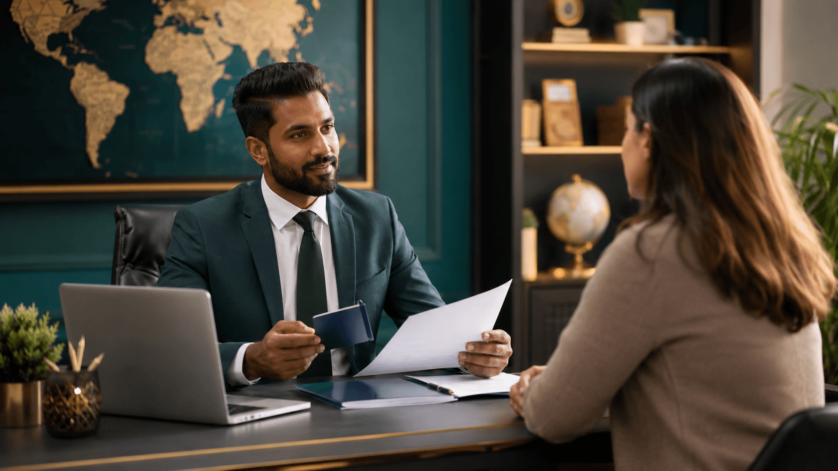 Immigration consultant reviewing documents with client