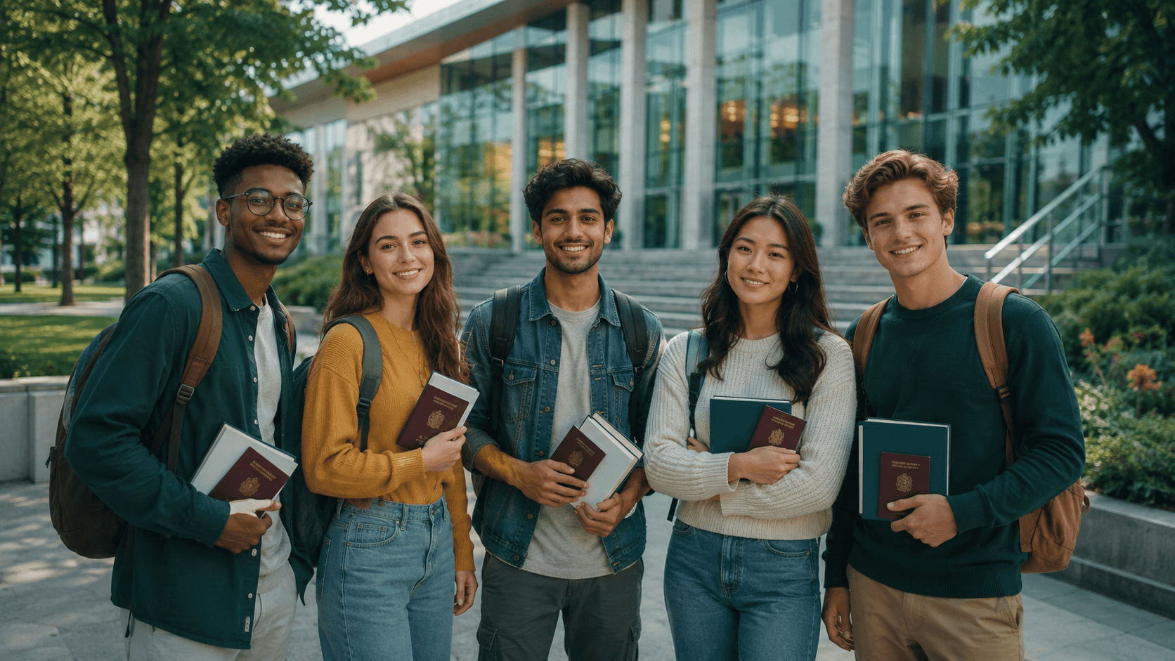 Students with books and passport planning study abroad journey