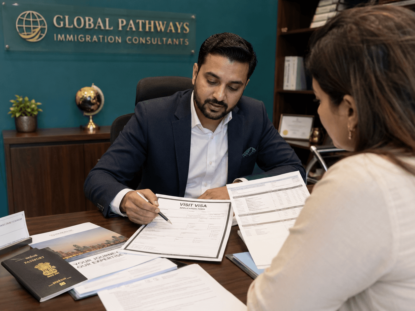 Consultant reviewing visit visa documents with applicant
